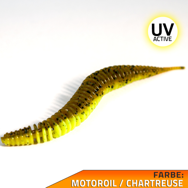 Big Worms Wurm gerippt Angelköder Motoroil / Chartreuse UV Flusskrebs